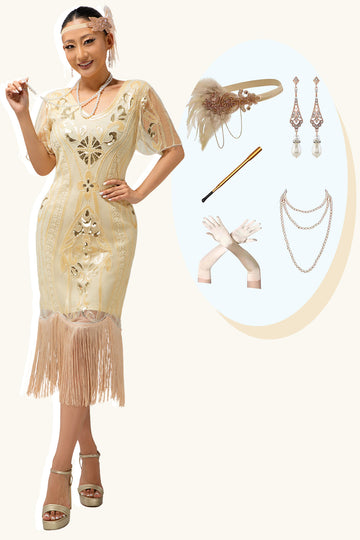 Champagne Appliques Fringe vestido da década de 1920 com conjunto de acessórios de 5 peças